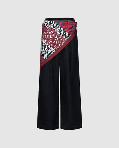  URBAN REVIVO - Quần jeans nữ ống rộng phối khăn 