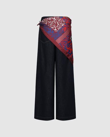  URBAN REVIVO - Quần jeans nữ ống rộng phối khăn 