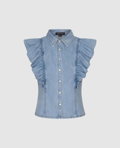  URBAN REVIVO - Áo sơ mi denim nữ tay ngắn phối bèo nhún 