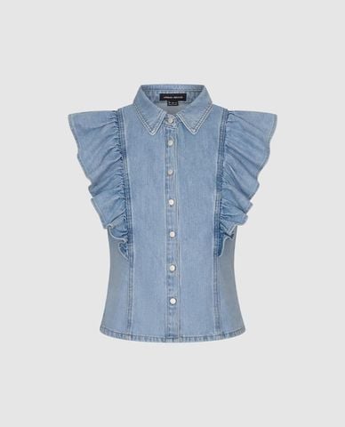  URBAN REVIVO - Áo sơ mi denim nữ tay ngắn phối bèo nhún 