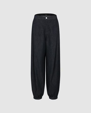  URBAN REVIVO - Quần jeans nữ ống rộng bo gấu 