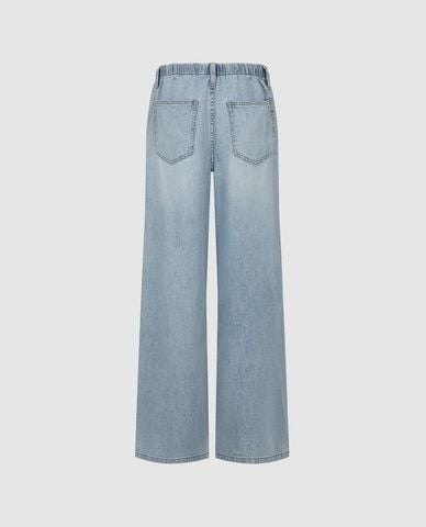  URBAN REVIVO - Quần jeans nữ ống rộng lưng thun phối dây rút 