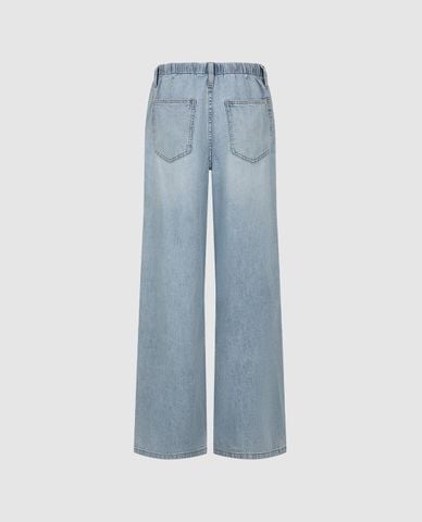  URBAN REVIVO - Quần jeans nữ ống rộng lưng thun phối dây rút 