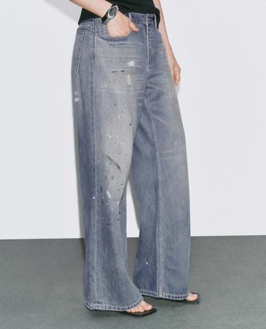  URBAN REVIVO - Quần jeans nữ ống rộng wash bạc 