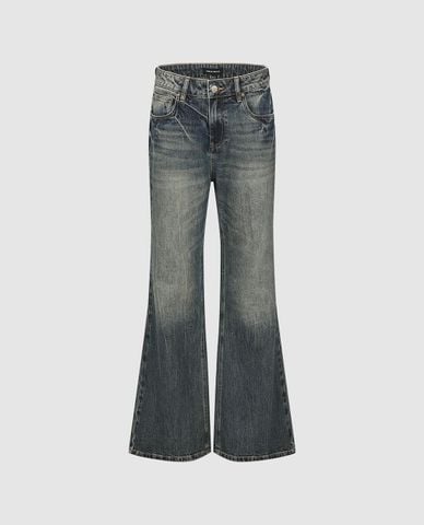  URBAN REVIVO - Quần jeans nữ ống loe wash bạc 