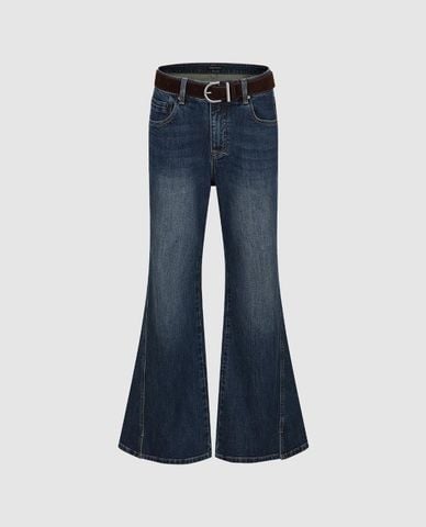  URBAN REVIVO - Quần jeans nữ ống loe wash bạc phối thắt lưng 