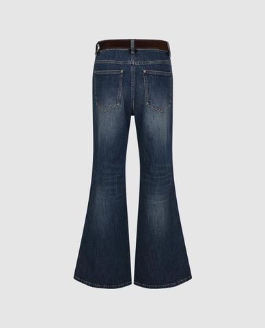  URBAN REVIVO - Quần jeans nữ ống loe wash bạc phối thắt lưng 