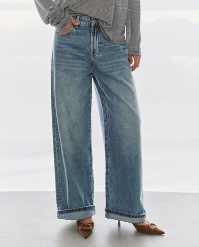  URBAN REVIVO - Quần jeans nữ ống rộng gập gấu 