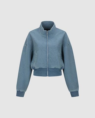  URBAN REVIVO - Áo khoác bomber denim nữ cổ cao tay dài 