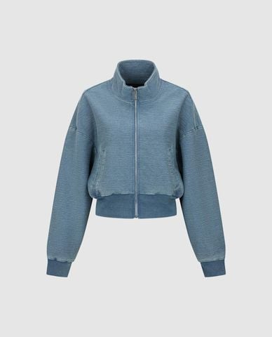  URBAN REVIVO - Áo khoác bomber denim nữ cổ cao tay dài 