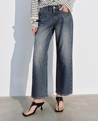  URBAN REVIVO - Quần jeans nữ ống rộng kẻ sọc 
