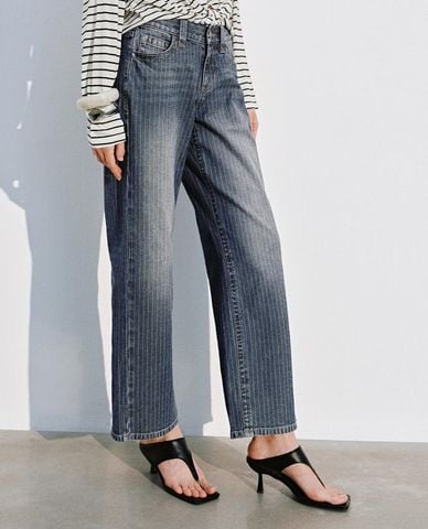  URBAN REVIVO - Quần jeans nữ ống rộng kẻ sọc 