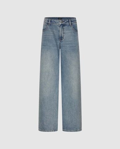  URBAN REVIVO - Quần jeans nữ ống rộng wash bạc 