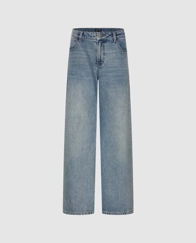  URBAN REVIVO - Quần jeans nữ ống rộng wash bạc 