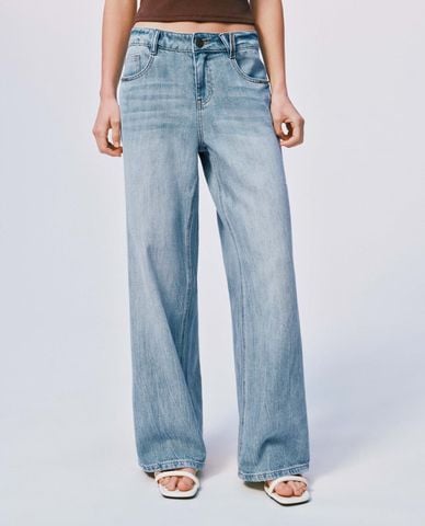  URBAN REVIVO - Quần jeans nữ ống rộng wash bạc cổ điển 
