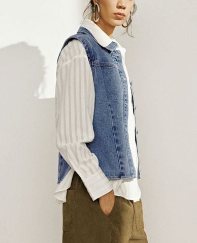  URBAN REVIVO - Áo khoác gilet nữ denim cổ bẻ thời trang 
