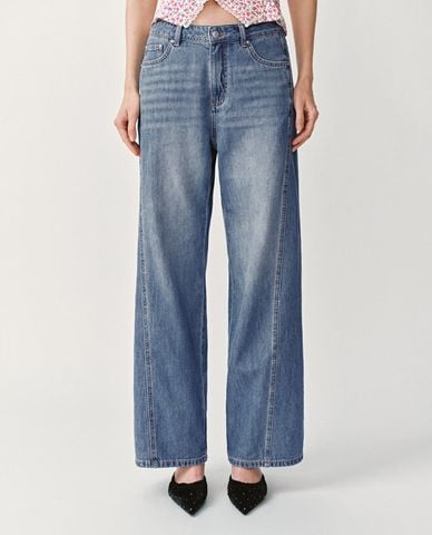  URBAN REVIVO - Quần jeans nữ ống rộng wash bạc 