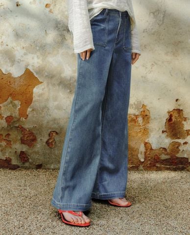  URBAN REVIVO - Quần jeans nữ ống rộng hiện đại 