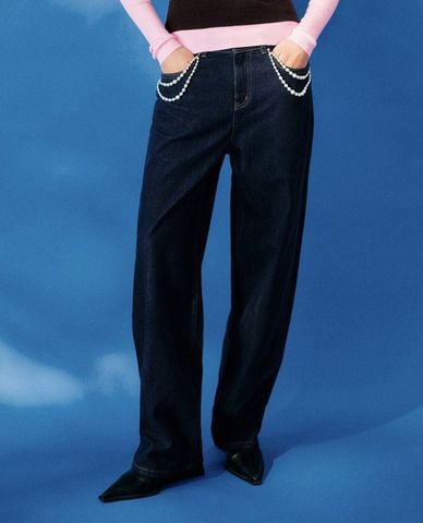  URBAN REVIVO - Quần jeans nữ ống rộng phối ngọc trai 