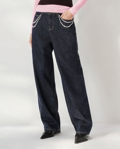  URBAN REVIVO - Quần jeans nữ ống rộng phối ngọc trai 