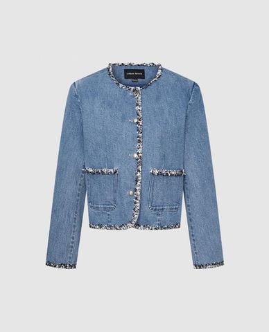  URBAN REVIVO - Áo khoác denim nữ tay dài viền tua rua 