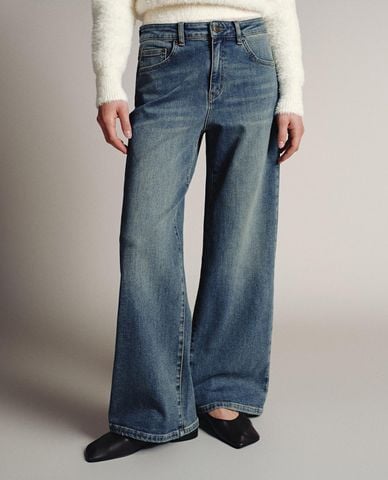  URBAN REVIVO - Quần jeans nữ ống rộng wash bạc 