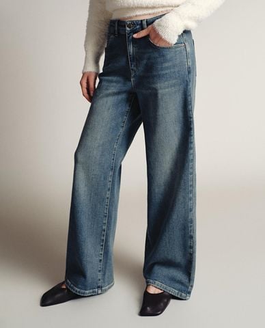  URBAN REVIVO - Quần jeans nữ ống rộng wash bạc 