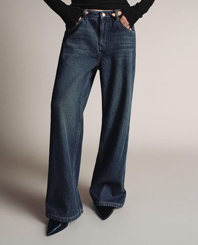  URBAN REVIVO - Quần jeans nữ ống rộng cạp cao 