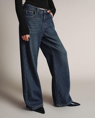  URBAN REVIVO - Quần jeans nữ ống rộng cạp cao 