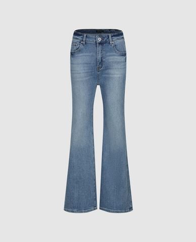 URBAN REVIVO - Quần jeans nữ ống loe lưng cao wash bạc 