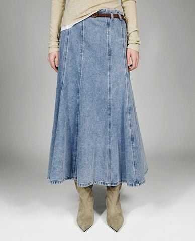  URBAN REVIVO - Chân váy denim midi phối thắt lưng 