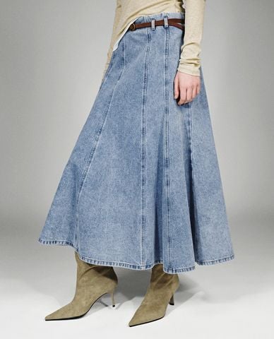  URBAN REVIVO - Chân váy denim midi phối thắt lưng 