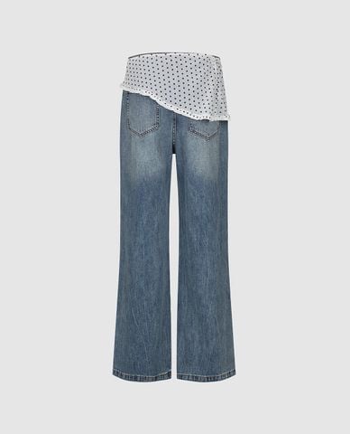  URBAN REVIVO - Quần jeans nữ ống rộng wash bạc kèm khăn 