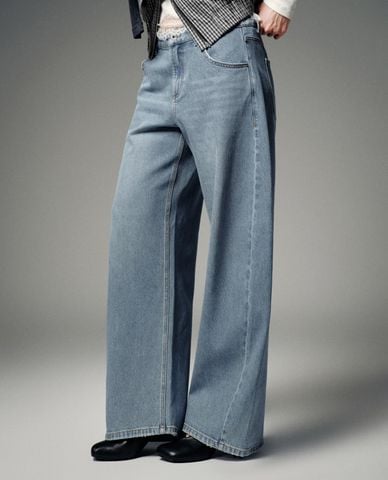  URBAN REVIVO - Quần jeans nữ ống rộng cổ điển 