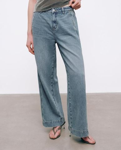  URBAN REVIVO - Quần jeans nữ ống rộng wash bạc 