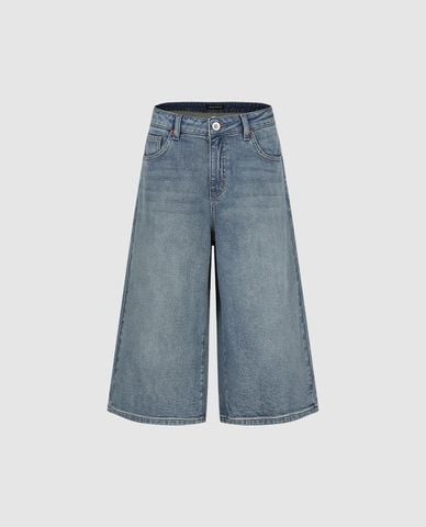  URBAN REVIVO - Quần jeans nữ ống rộng wash bạc dáng lửng 