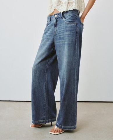  URBAN REVIVO - Quần jeans nữ ống rộng wash bạc 