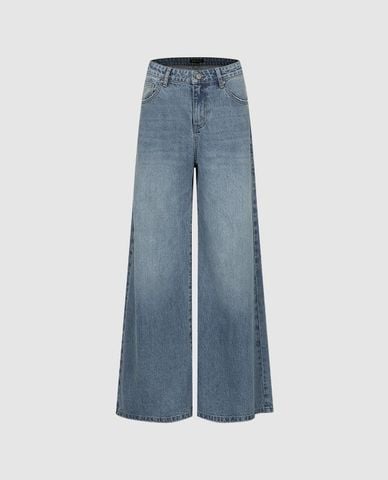  URBAN REVIVO - Quần jeans nữ ống rộng wash bạc 