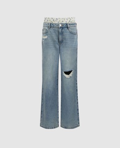  URBAN REVIVO - Quần jeans nữ ống rộng lưng thun 