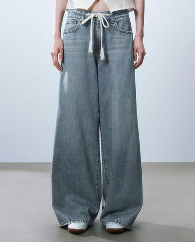  URBAN REVIVO - Quần jeans nữ ống rộng phối dây rút 