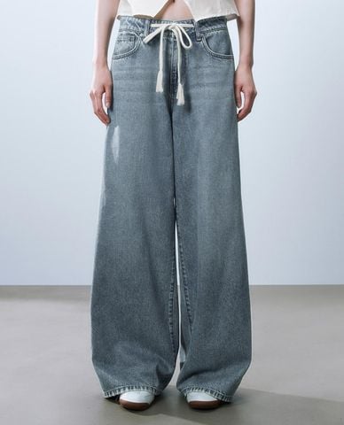  URBAN REVIVO - Quần jeans nữ ống rộng phối dây rút 