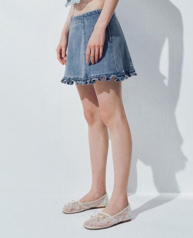  URBAN REVIVO - Chân váy denim mini phối bèo nhún 