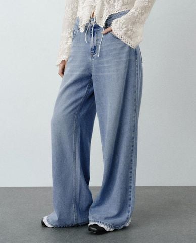  URBAN REVIVO - Quần jeans nữ ống rộng wash bạc 