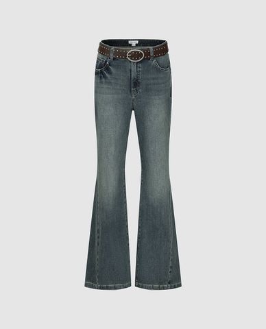  URBAN REVIVO - Quần jeans nữ ống loe phối thắt lưng 