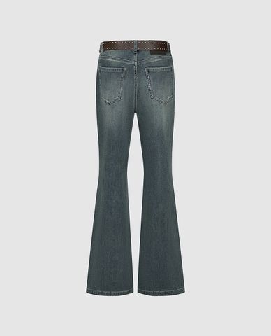  URBAN REVIVO - Quần jeans nữ ống loe phối thắt lưng 
