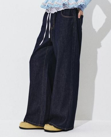  URBAN REVIVO - Quần jeans nữ ống rộng phối dây rút 