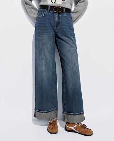  URBAN REVIVO - Quần jeans nữ ống rộng phối thắt lưng 