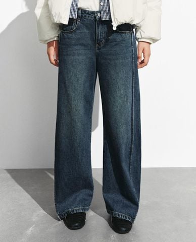  URBAN REVIVO - Quần jeans nữ ống rộng wash bạc 