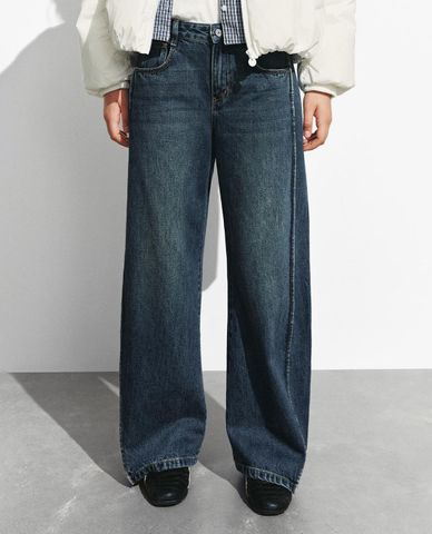  URBAN REVIVO - Quần jeans nữ ống rộng wash bạc 