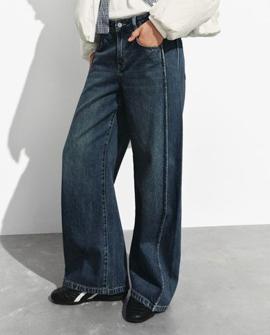  URBAN REVIVO - Quần jeans nữ ống rộng wash bạc 